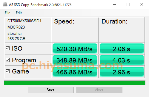Crucial MX500 500GBのAS SSD Benchmarkコピー速度結果
