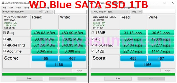 WD Blue 3D 1TB WDS100T2B0AのAS SSD Benchmarkベンチも良好な結果